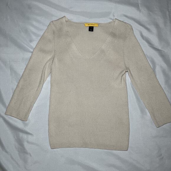 St. John Knits Top 3/4 Sleeve Wool Silk Cashmere Ribbed V Neck Size M Beige